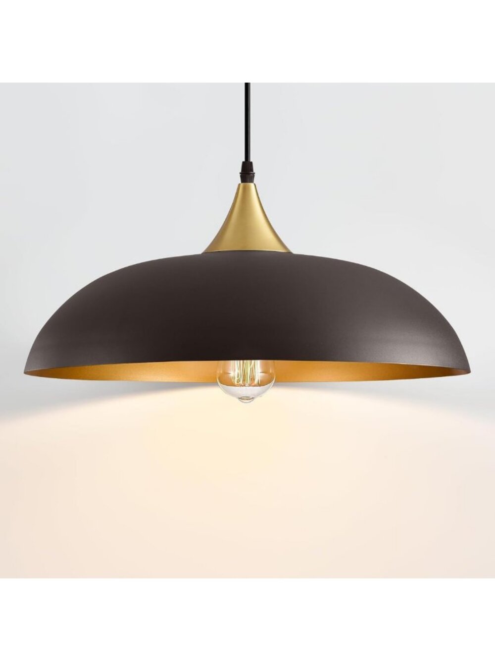Large 17.8” Black & Gold Dome Pendant Light | Modern Hanging Lamp for Home Decor